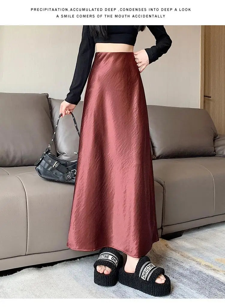 Korean Elegant Black Red Long Skirt Women Autumn Winter Brown High Waist Office Ladies Slim Straight Fishtail Skirt Trend Simple
