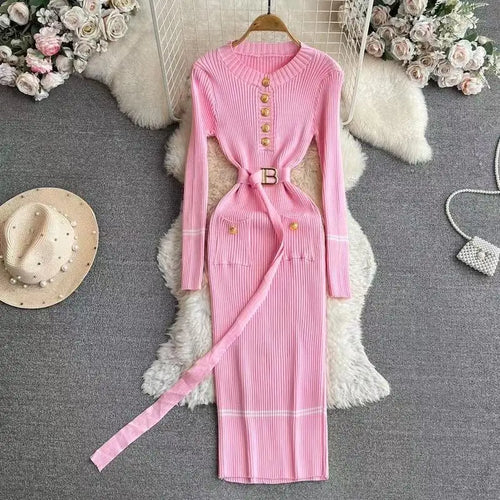 Load image into Gallery viewer, Korean Fashion Women's Stripe V Neck Elegant Slim Long Sleeved Dress Spring Vacation Single Breasted Office Knitted Dress Casual
