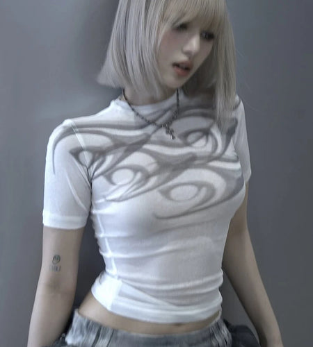 Print See Through t-Shirt Women o-Neck High Elasticity Skinny Sexy Summer Simple Street Classic Versatile Leisure Tops