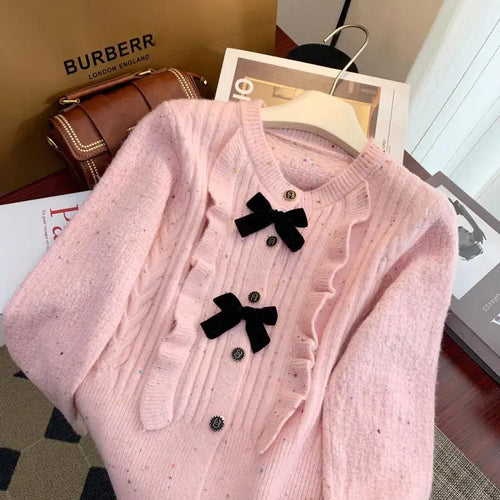 Load image into Gallery viewer, Korean Simple White V-neck Single-breasted Knitted Sweater 2024 Women Pink Sweet Ruffles Bow Cardigan Tops Vintage Autumn Winter
