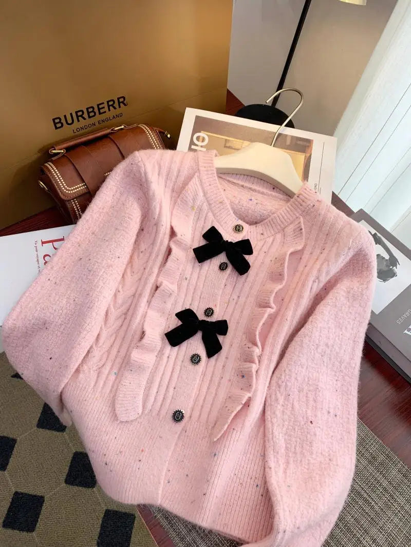 Korean Simple White V-neck Single-breasted Knitted Sweater 2024 Women Pink Sweet Ruffles Bow Cardigan Tops Vintage Autumn Winter