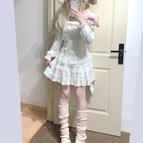 Load image into Gallery viewer, Lolita Slash Neck Halter Sweater Women 2025 Kawaii Lace Patchwork Y2k Aesthetic Grunge Bottoming Crop Tops Pullover Knitwear

