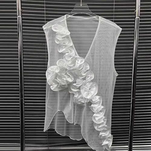 Load image into Gallery viewer, Solid Spliced Appliques Slimming T Shirts For Women V Neck Sleeveless Minimalist Elegant T Shirt Female Clothes New
