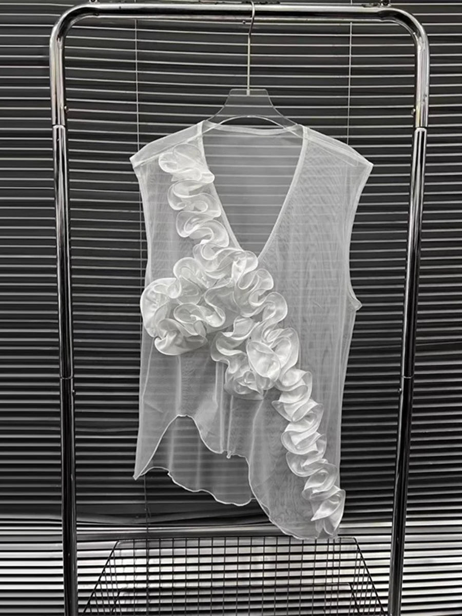 Solid Spliced Appliques Slimming T Shirts For Women V Neck Sleeveless Minimalist Elegant T Shirt Female Clothes New