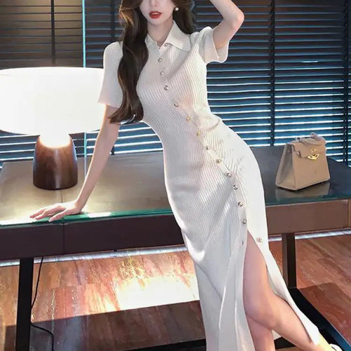 Load image into Gallery viewer, Korean Women's Black Temperament Knitted Office Lady Short Sleeve Dress Summer Beige Single Breasted Split Long Dress Simplicity
