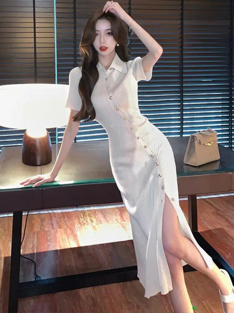 Korean Women's Black Temperament Knitted Office Lady Short Sleeve Dress Summer Beige Single Breasted Split Long Dress Simplicity