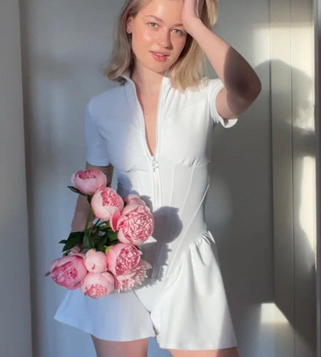 Sexy Tight Fitting Short Skirt Playsuit Women Summer New Short Sleeved Zippered Bottom Shirt Elastic Casual Rompers 2024