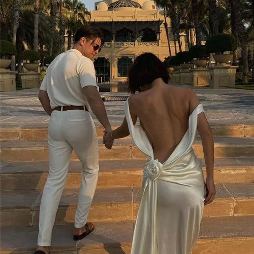 Load image into Gallery viewer, Satin Backless Sexy Maxi Dress For Women Elegant Rose Thigh High Split Beach Holiday Long Dress Gorgeous Club Gown
