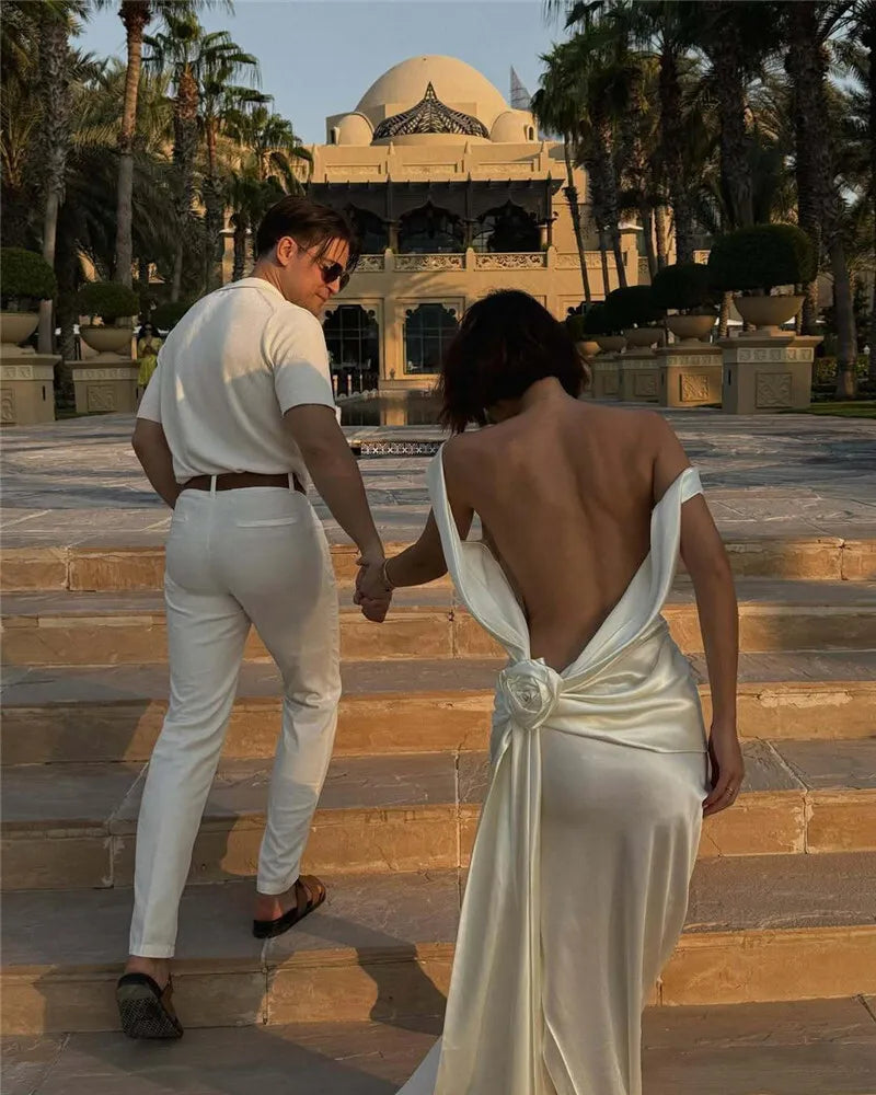 Satin Backless Sexy Maxi Dress For Women Elegant Rose Thigh High Split Beach Holiday Long Dress Gorgeous Club Gown