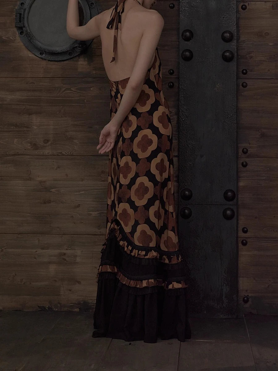 Loose Printing Casual Long Dresses for Women Halter Sleeveless Patchwork Ruffles Folds Dress Female Clothing New