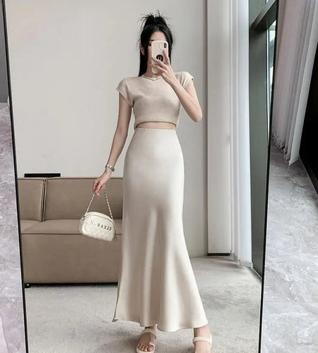 Women Vintage Korean Fashion 2025 Spring Summer New Black Beige Brown High Waist Vacation Wrapped Hip Fishtail Long Skirt Simple