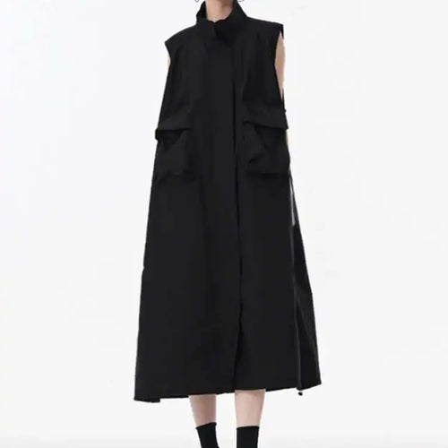 Load image into Gallery viewer, Women Green Pocket Hem Drawstring Big Size Vest Dress New Stand Collar Sleeveless Fashion Tide Spring Autumn 2025 1DJ0147
