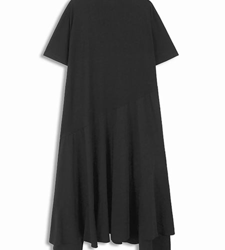 Women Black Khaki Irregular Spliced Big Size Long Dress New Round Neck Short Sleeve Fashion Spring Summer 2025 1DJ1119