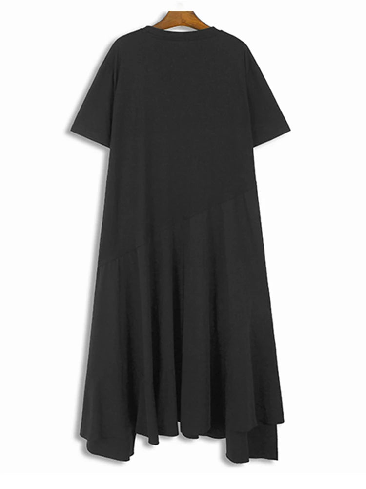 Women Black Khaki Irregular Spliced Big Size Long Dress New Round Neck Short Sleeve Fashion Spring Summer 2025 1DJ1119