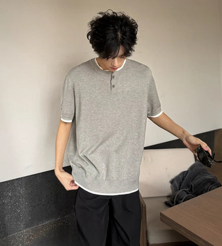 Men's T-shirts Short Sleeve Round Collar Fake Two-piece Spliced Button Knit Design Ice Male Pullover Clothing 9W1749