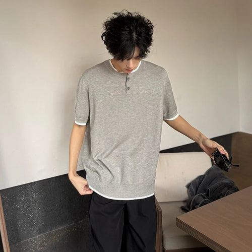 Load image into Gallery viewer, Men's T-shirts Short Sleeve Round Collar Fake Two-piece Spliced Button Knit Design Ice Male Pullover Clothing 9W1749
