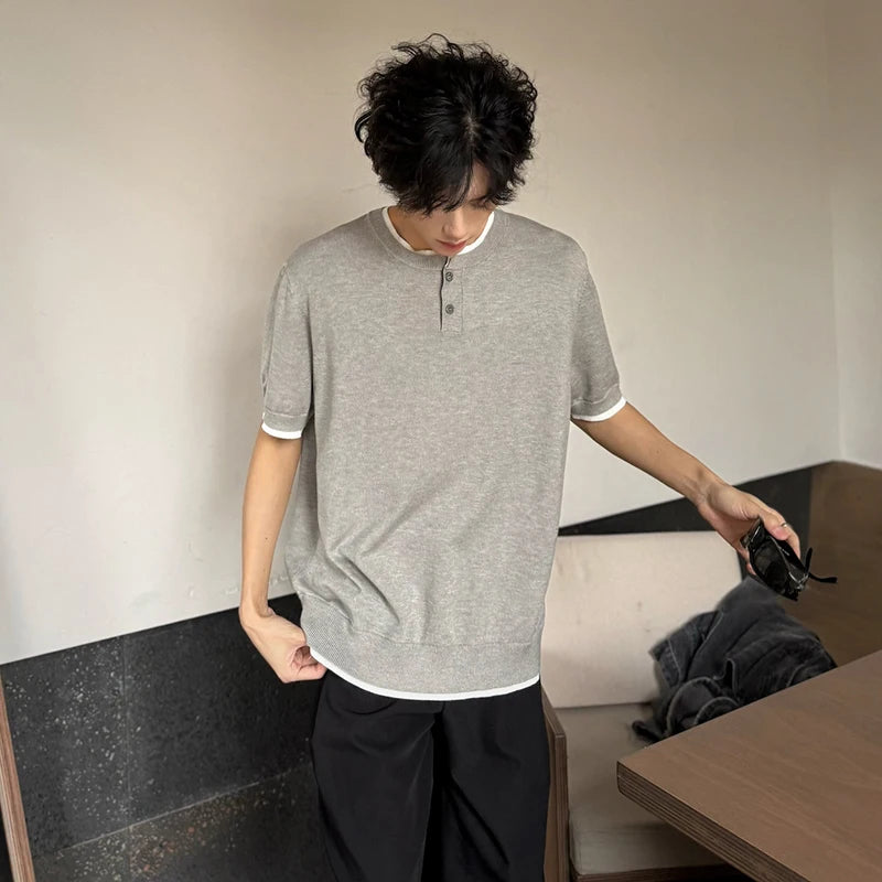 Men's T-shirts Short Sleeve Round Collar Fake Two-piece Spliced Button Knit Design Ice Male Pullover Clothing 9W1749