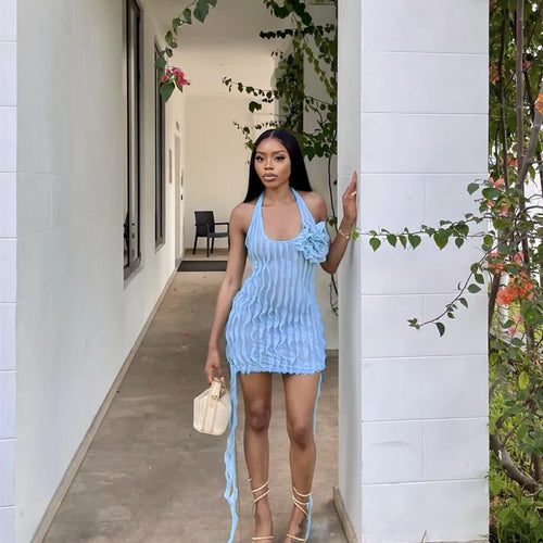 Load image into Gallery viewer, Halter Floral Pleated Sexy Mini Dress For Women Robe Fashion Sleeveless Backless Draped Club Party Dress Elegant
