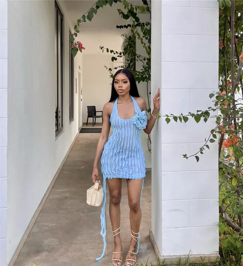 Halter Floral Pleated Sexy Mini Dress For Women Robe Fashion Sleeveless Backless Draped Club Party Dress Elegant