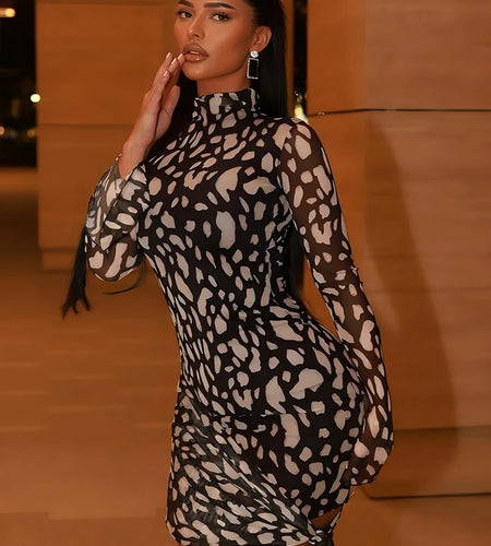 Summer Mesh Beach Sexy Mini Dress Women Robe Fashion Long Sleeve Draped Ruched Slim Print Vacation Club Dress Elegant