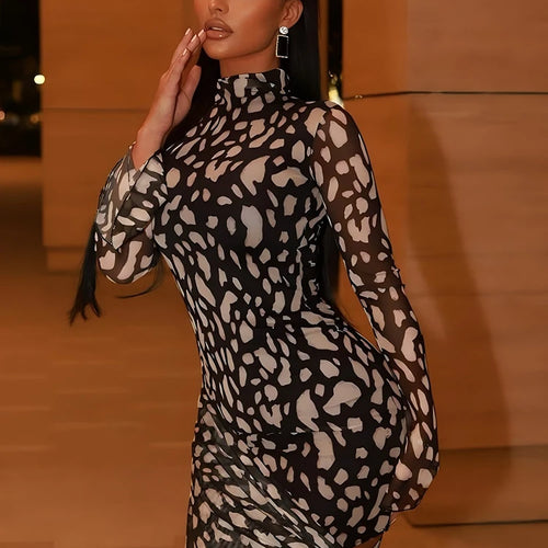 Load image into Gallery viewer, Summer Mesh Beach Sexy Mini Dress Women Robe Fashion Long Sleeve Draped Ruched Slim Print Vacation Club Dress Elegant
