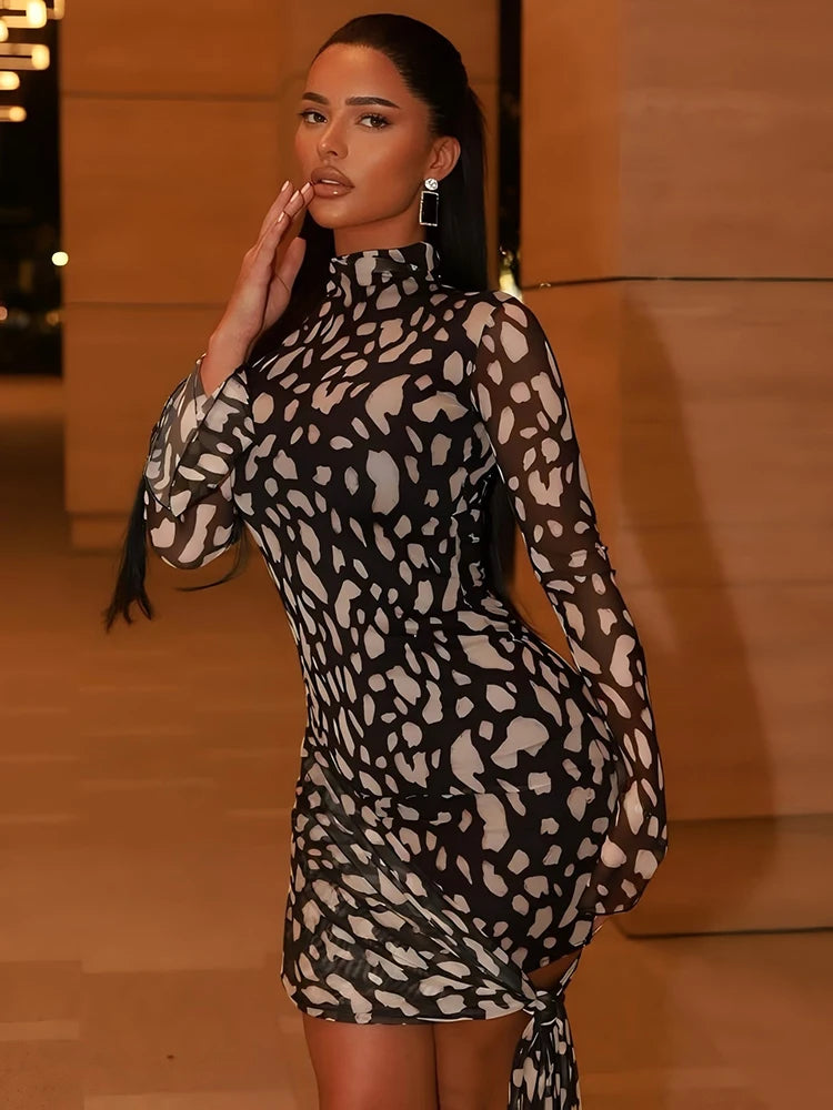 Summer Mesh Beach Sexy Mini Dress Women Robe Fashion Long Sleeve Draped Ruched Slim Print Vacation Club Dress Elegant