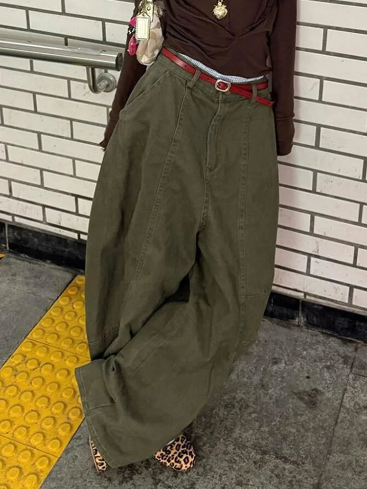 High Waist Green Brief Vintage Long Casual Wide Leg Jeans New Women Trousers Fashion Tide Spring Autumn 2025 1DJ0110