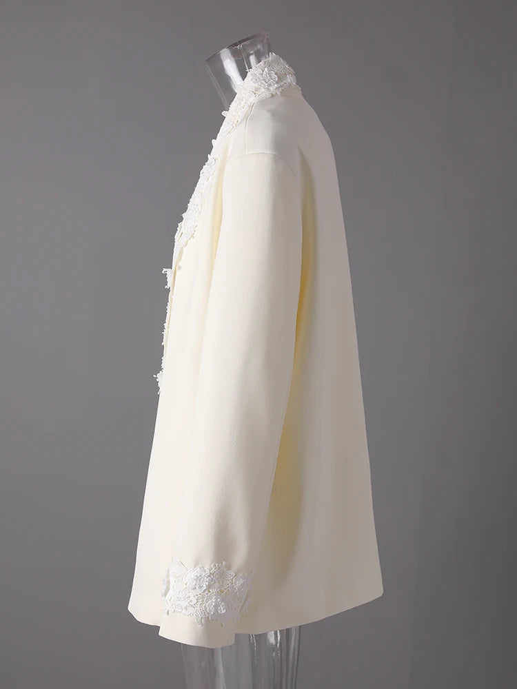 Women Apricot Lace Big Size Vintage Elegant Blazer New V-neck Long Sleeve Jacket Fashion Tide Spring Autumn 2025 CPG3179