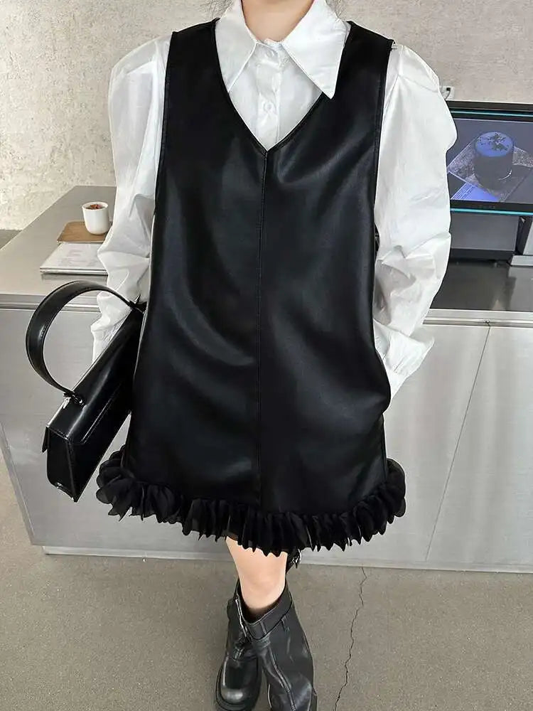 Black Leather Mesh Dress Shirt Two Pieces Suit New Lapel Long Sleeve Women Fashion Tide Spring Autumn 2025 1DH9256