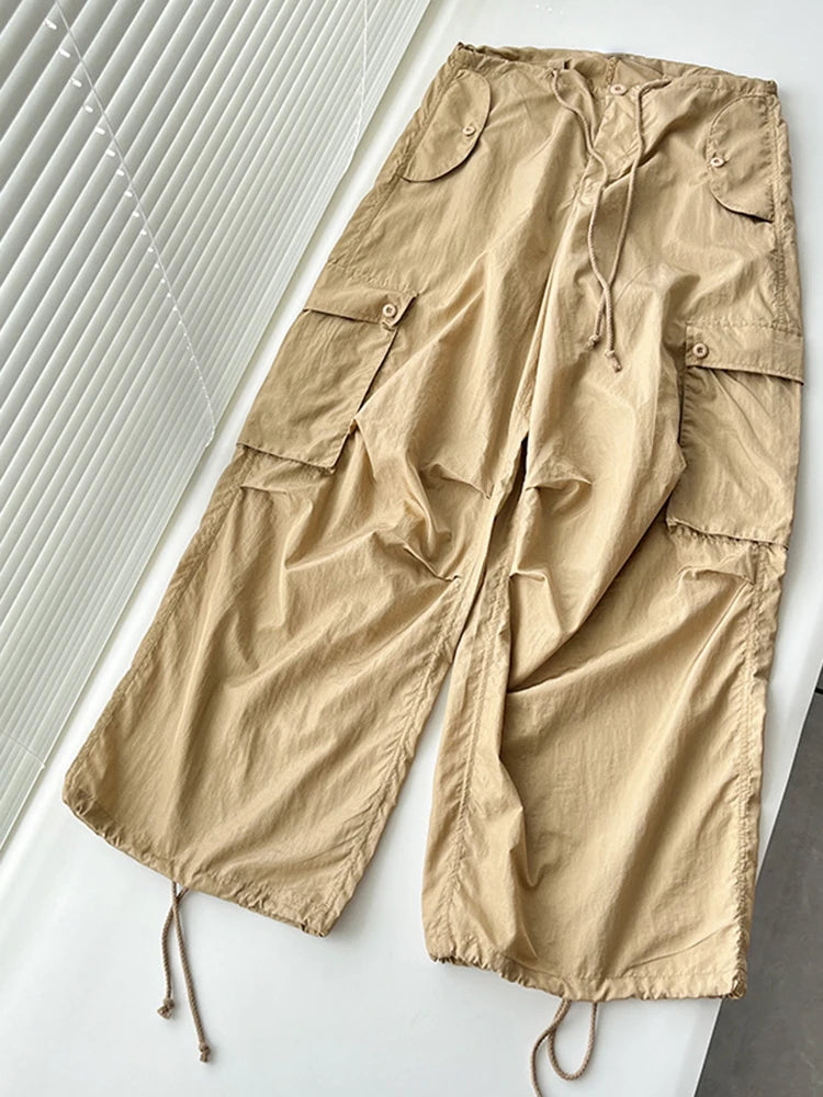 Solid Patchwork Pockets Loose Safari Style Pants For Women High Waist Spliced Drawstring Cargo Pant Female Fashion