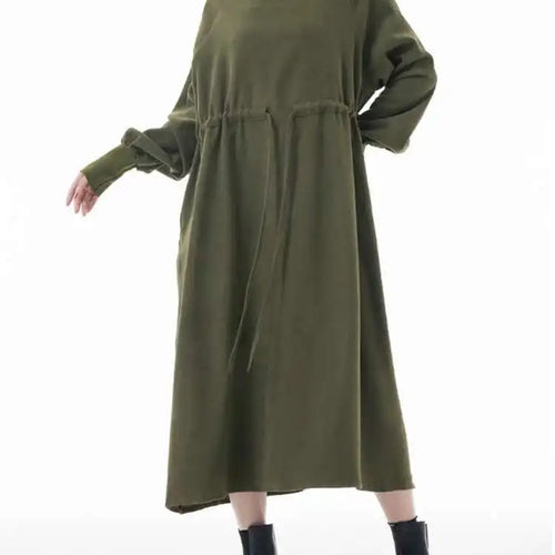 Load image into Gallery viewer, Women Army Green Big Size A-line Long Dress New Round Neck Long Sleeve Loose Fashion Tide Spring Autumn 2025 1DH3874
