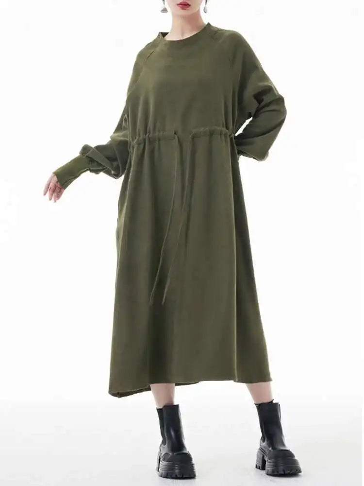 Women Army Green Big Size A-line Long Dress New Round Neck Long Sleeve Loose Fashion Tide Spring Autumn 2025 1DH3874