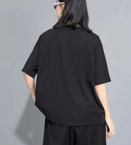 Women Black Flower Spliced Big Size Casual T-shirt New Round Neck Short Sleeve Fashion Tide Spring Summer 2025 1DH9832