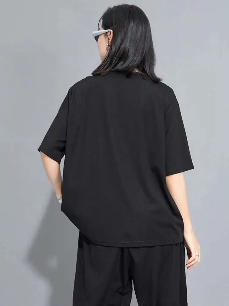 Women Black Flower Spliced Big Size Casual T-shirt New Round Neck Short Sleeve Fashion Tide Spring Summer 2025 1DH9832