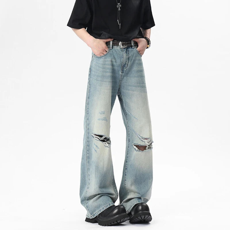 Men's Jeans New Summer American Style Hole Design Distressed Cat Beard Trendy Gradient Color Male Casual Trousers 9W1806