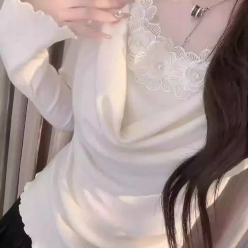 Load image into Gallery viewer, Korean Chic Lace Flower Patchwork T-Shirt Fashion Fairy Gentle Knitted Y2k Top Sweet Pleated Casual Grunge Tee Femme Streetwear
