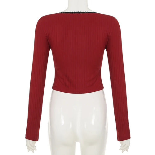 Load image into Gallery viewer, Y2K Fashion Red Lace Patchwork With Bow T-shirts Women's Square Neck Long Sleeve Cutecore Cropped Tops Spring Clothes
