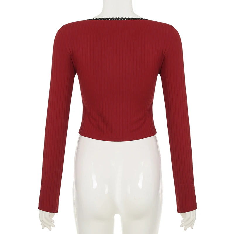 Y2K Fashion Red Lace Patchwork With Bow T-shirts Women's Square Neck Long Sleeve Cutecore Cropped Tops Spring Clothes