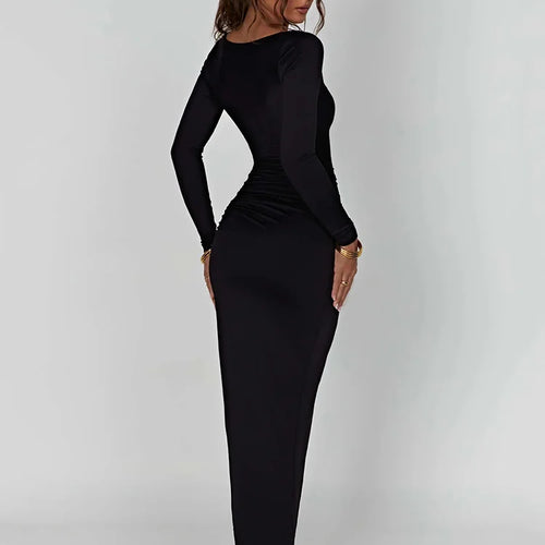 Load image into Gallery viewer, Long Sleeve Ruched High Split Maxi Dress Women Square Collar Drawstring Bodycon Sexy Party Long Dress Elegant Autumn
