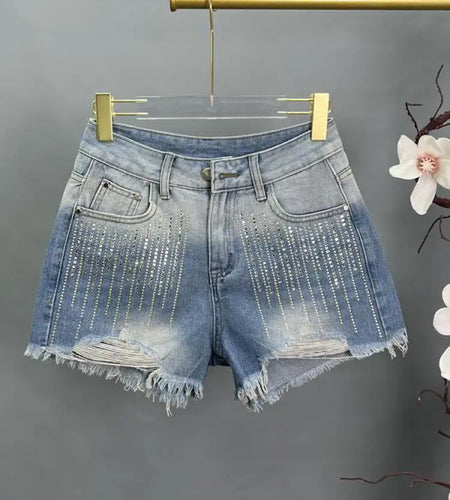 Korean Vintage 2024 Women Blue Gradient Diamond Hole Denim Shorts Autumn High Waist Vacation Wide Leg Jean Short Pant Streetwear