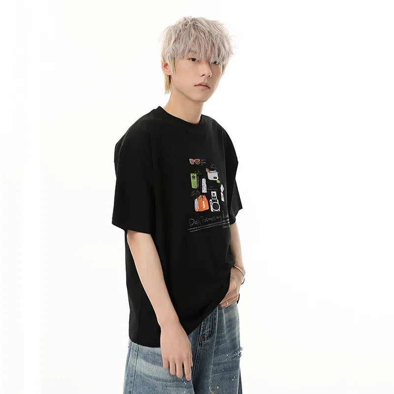 Men's T-shirts New Cartoon Printing Korean Style Short Sleeve Tees Solid Color Summer Round Neck Pullover Menswear 9W1847