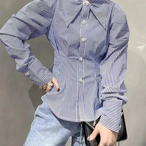 Load image into Gallery viewer, Korean Fashion Shirt For Women Lapel Puff Sleeve Striped Colorblock Button Through Blouse Female Spring Clothes
