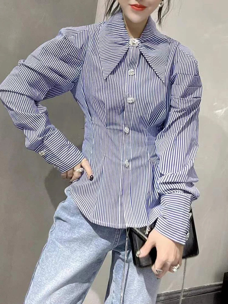 Korean Fashion Shirt For Women Lapel Puff Sleeve Striped Colorblock Button Through Blouse Female Spring Clothes