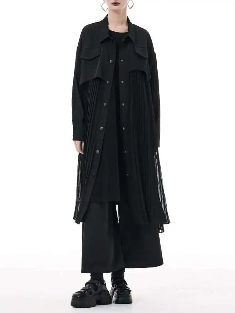 Women Army Green Pleated Spliced Big Size Midi Shirt Dress New Lapel Long Sleeve Fashion Tide Spring Autumn 2025 1DH6927