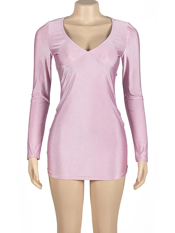 Sexy Deep V Long Sleeved Tight Elastic Short Skirt For Women's New Pullover Slim  Wrap Hip High Waist Dress Party Street
