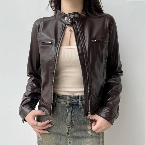 Load image into Gallery viewer, Fashion Chic Zip Up PU Leather Jacket for Women Solid Autumn Winter Coat Outwear Streetwear Stand Collar Jackets
