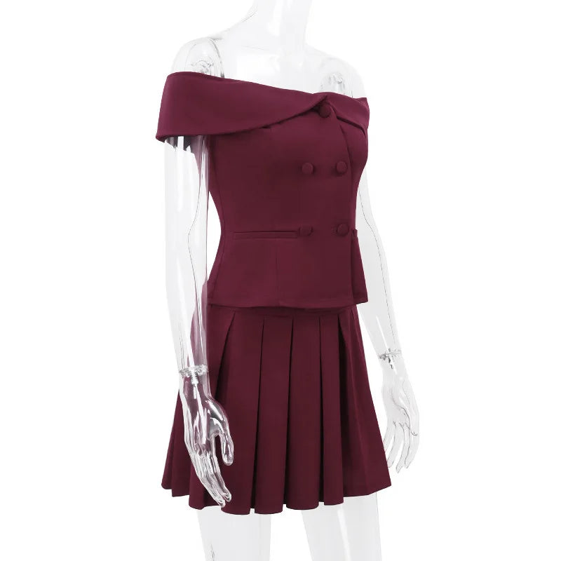 Sexy Skirt Two Piece Set Women Off-shoulder Tops And Pleated Mini Skirt Matching Sets Femme Fashion Two Piece Set