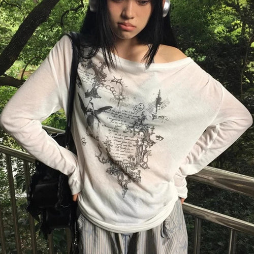 Load image into Gallery viewer, Streetwear Woman T Shirts Y2k Tops 2024 Ropa Mujer Long Sleeve Vintage Print Tees Chic Camisetas Knit Thin See Through Tshirts
