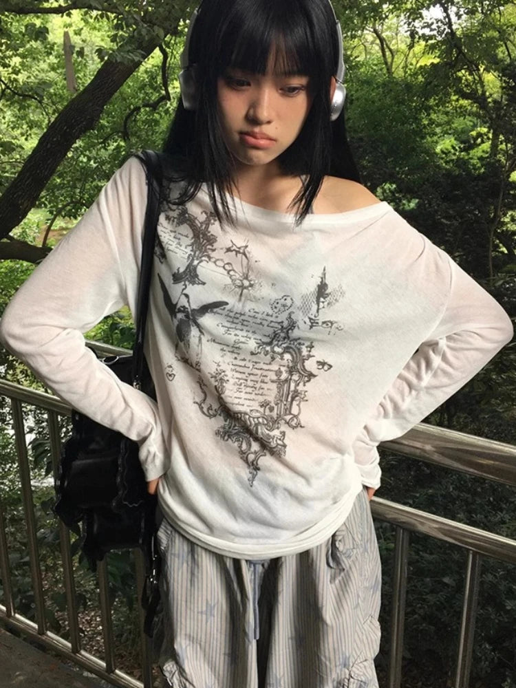 Streetwear Woman T Shirts Y2k Tops 2024 Ropa Mujer Long Sleeve Vintage Print Tees Chic Camisetas Knit Thin See Through Tshirts