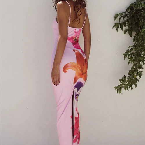 Load image into Gallery viewer, Floreal Print Long Dress For Women Gown Summer New Spaghetti Strap Sleeveless Backless Bodycon Sexy Midi Dress Elegant
